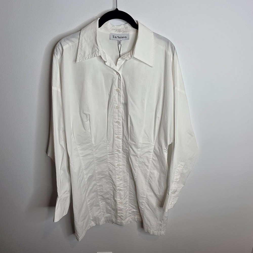 En Saison NWT Button Down Shirt Womens Medium White Cotton Poplin Corset Waist